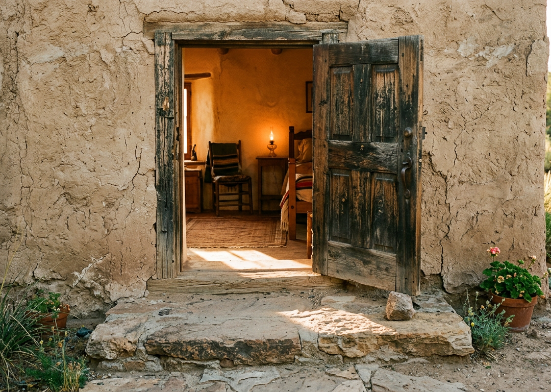 Open adobe doorway with warm light spilling across a stone threshold
