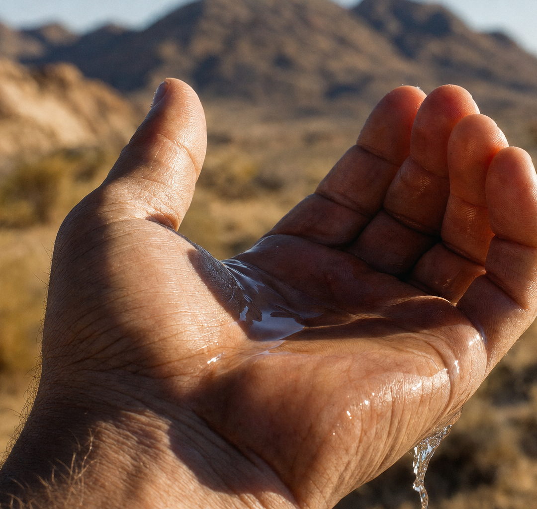 Hand cupping clear water with desert light in the background