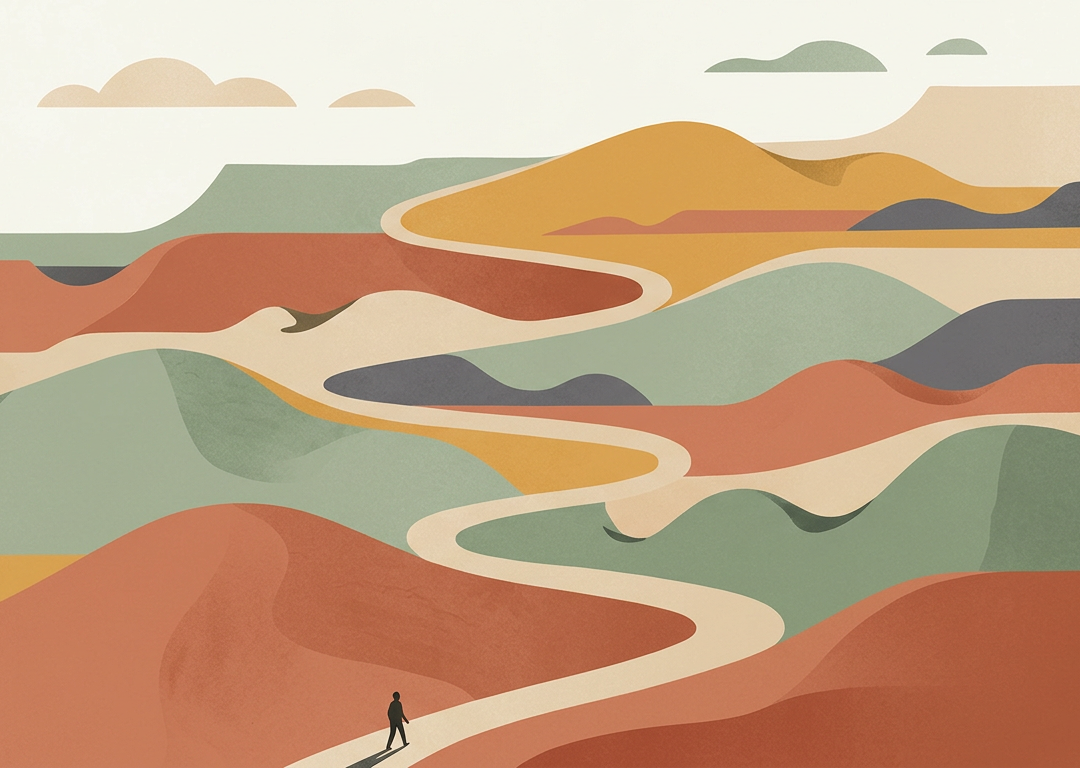 A winding uphill path with dips and a small figure at its base