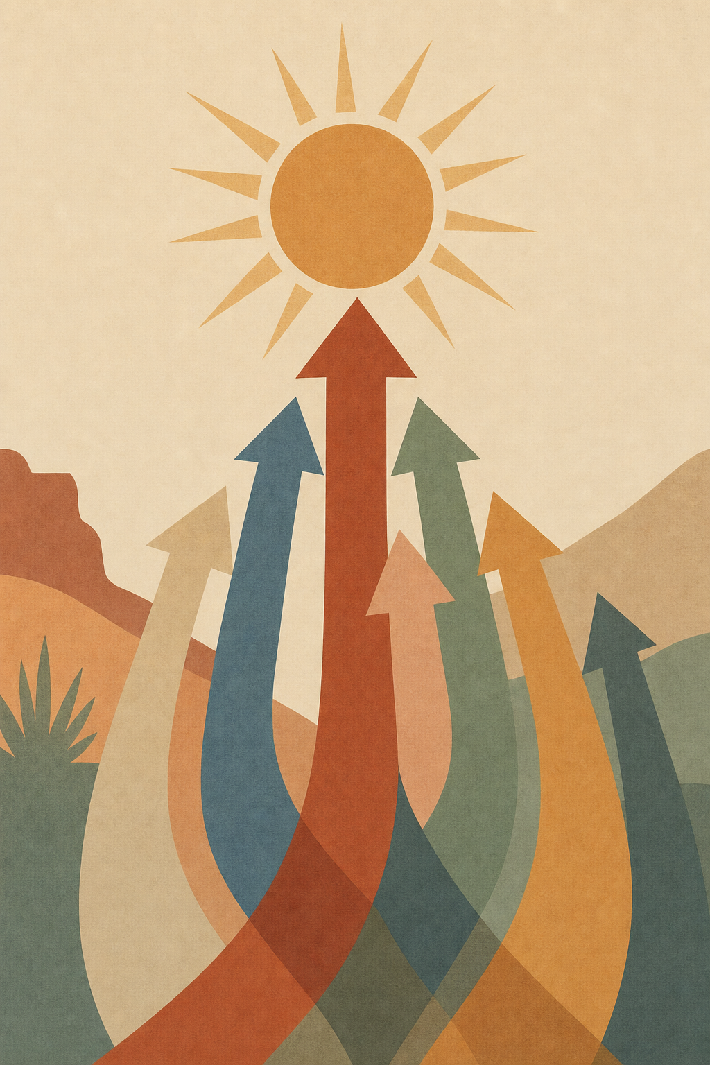 Seven stylized arrows fanning upward toward a sun