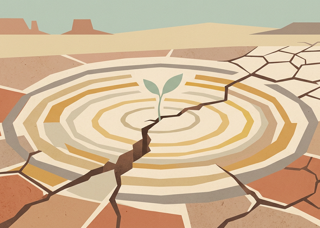 A small sprout growing from a crack in stylized dry ground