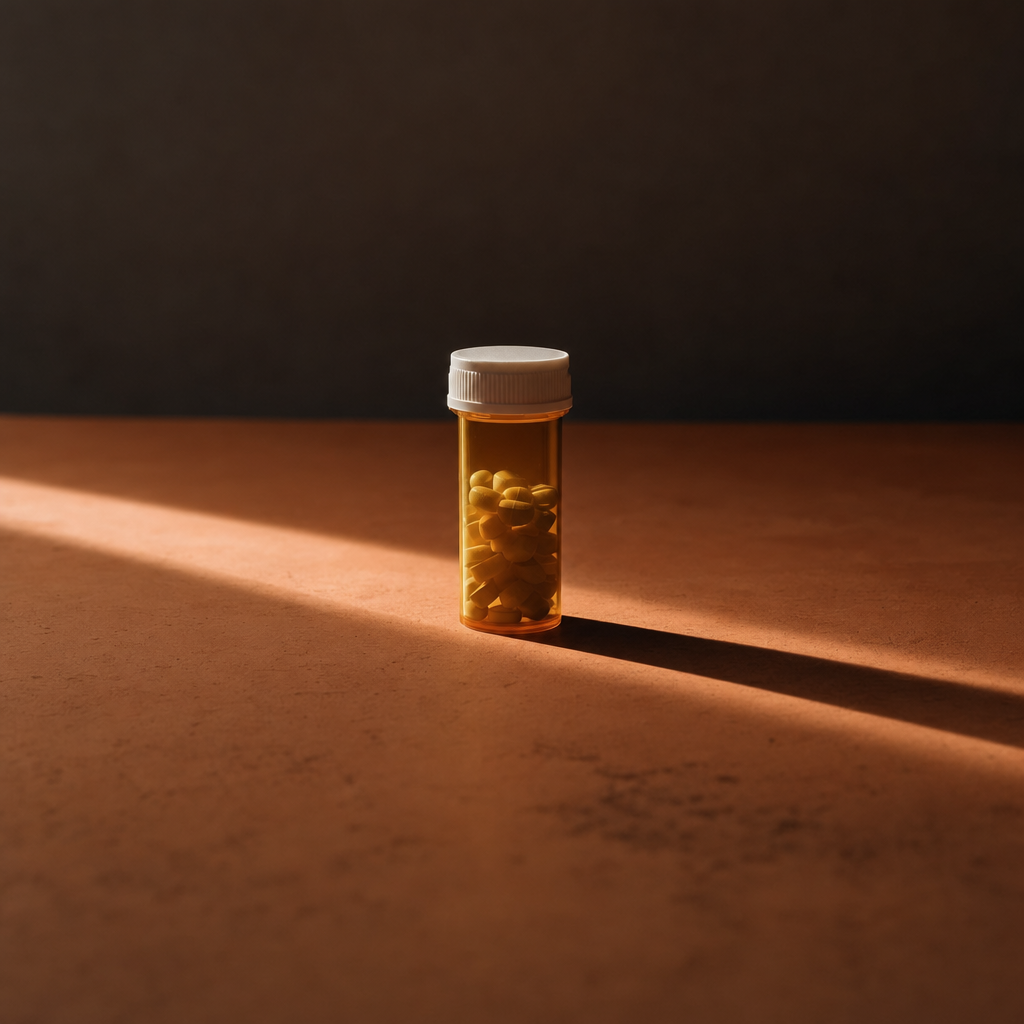 Amber prescription bottle casting a long shadow on terracotta