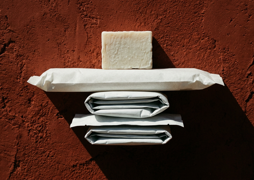 Column of sealed toiletries and soap against a clay-red background