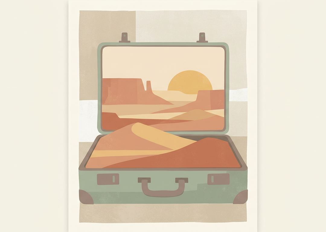 Open suitcase containing a small desert landscape scene