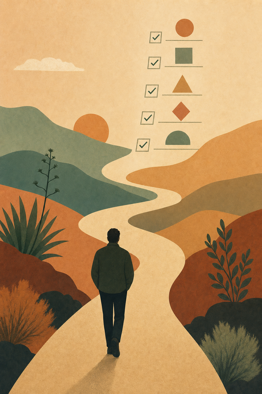 Silhouette walking a path shaped like a checklist in muted tones