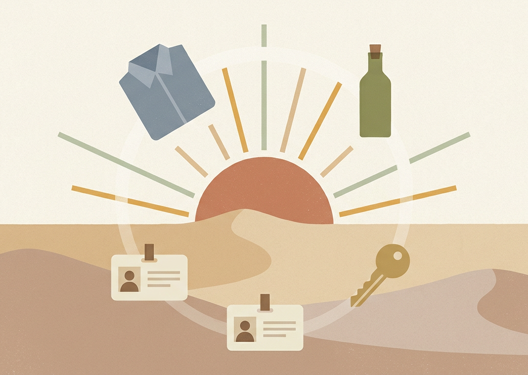 Overhead flat icons of packing items around a desert sun