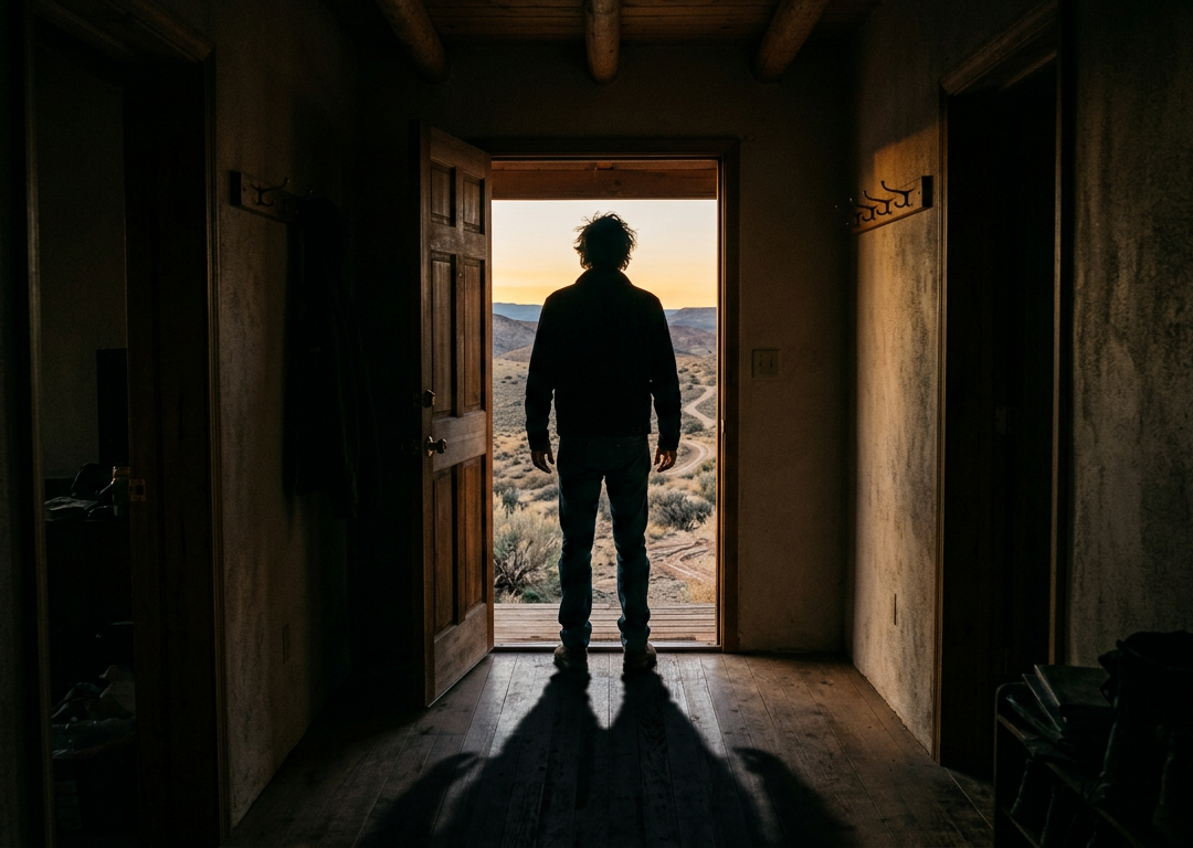 Silhouette from behind at an open door facing the desert dawn