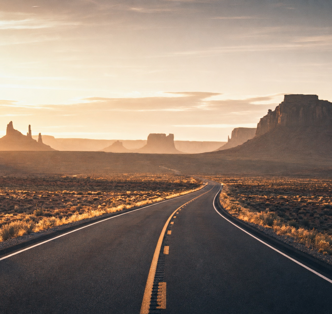 Empty desert road curving toward distant mesas at golden hour