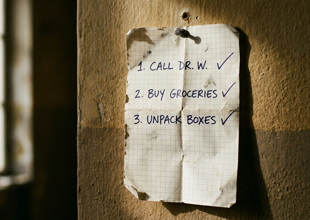 A checklist with three items checked pinned to an ochre wall