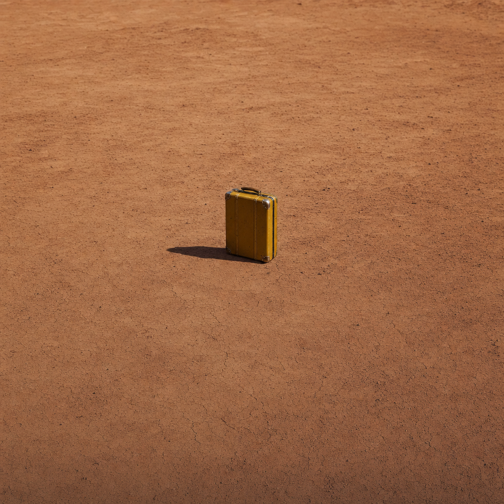 A lone small suitcase standing in a vast sunlit desert
