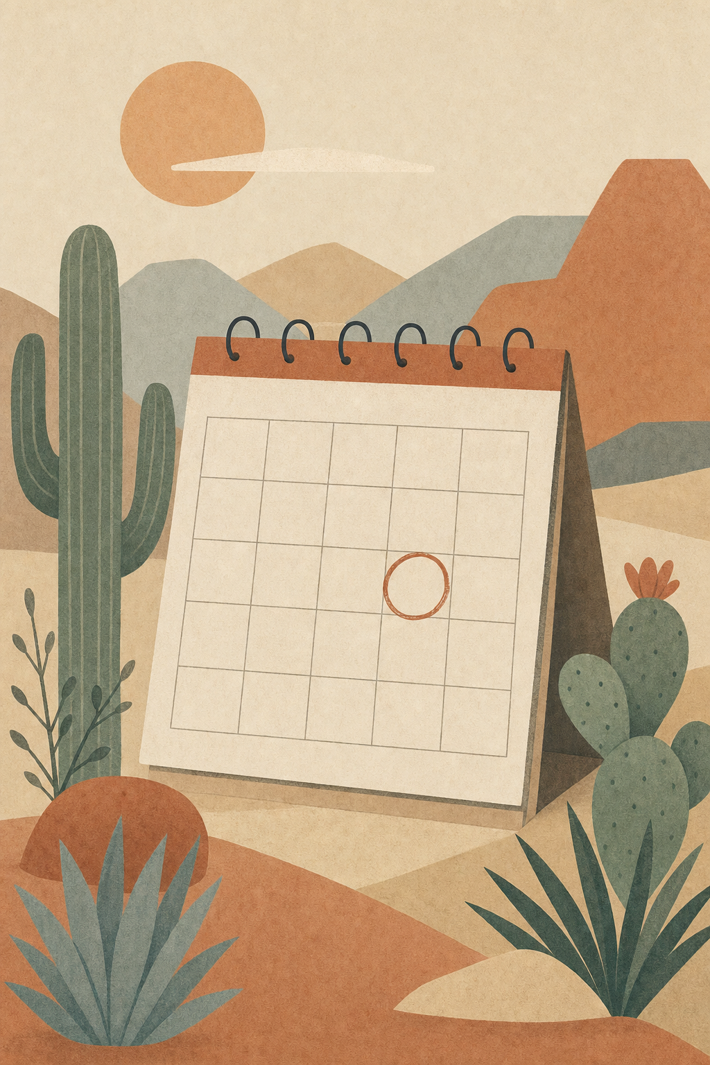 Illustrated calendar with one circled day among desert shapes