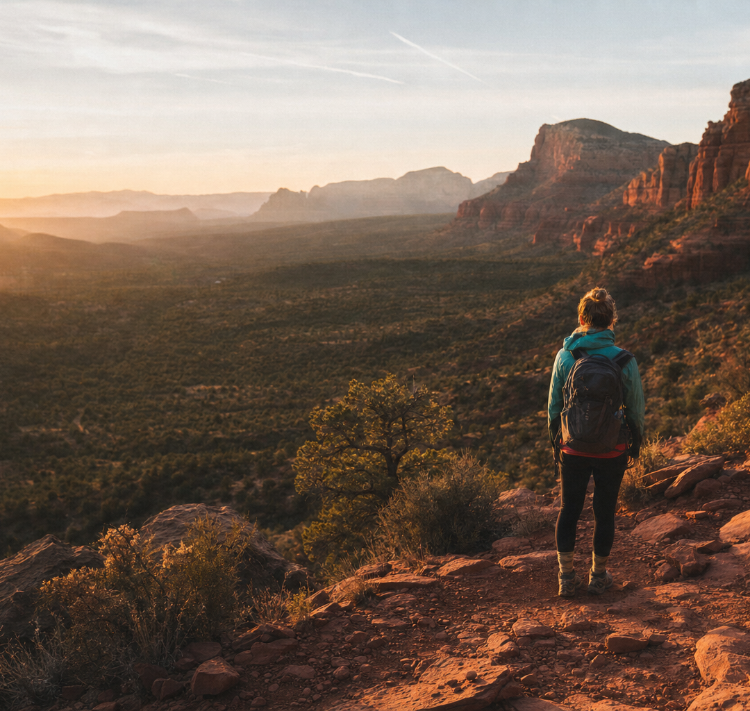 Hiker from behind on red-rock trail at sunrise in a desert canyon