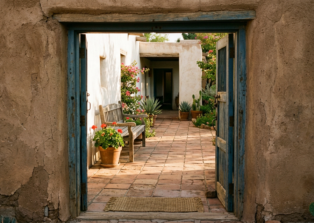 Sunlit adobe doorway opening onto a quiet courtyard with a bench