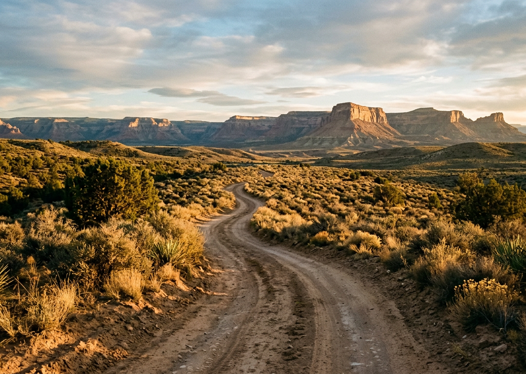 Winding desert path leading toward distant mesas at golden hour