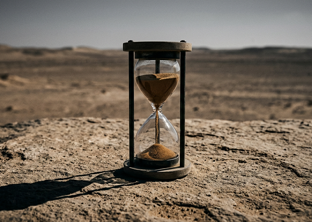 Hourglass with falling sand on a bare surface in dramatic light